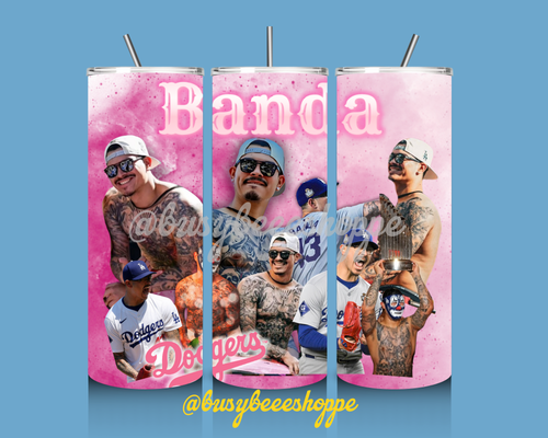 A pink multicolor tumbler with images of Anthony Banda wearing a cap and sunglasses, and other individuals associated with the Los Angeles Dodgers baseball team, alongside the text 'BANDA' and 'LA'.