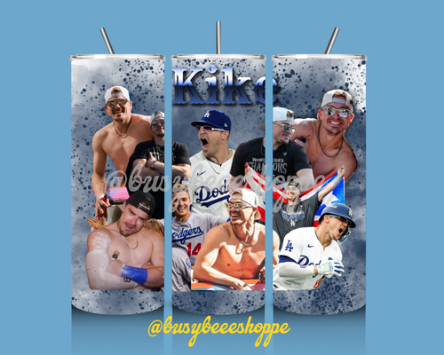 A stainless steel tumbler with multiple images of Kike Hernandez wearing sports uniforms and the word 'Kike' on a blue background, accompanied by the Dodgers logo.
